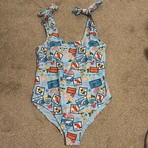 Pink Lily Blue Patterned One Piece Swimsuit